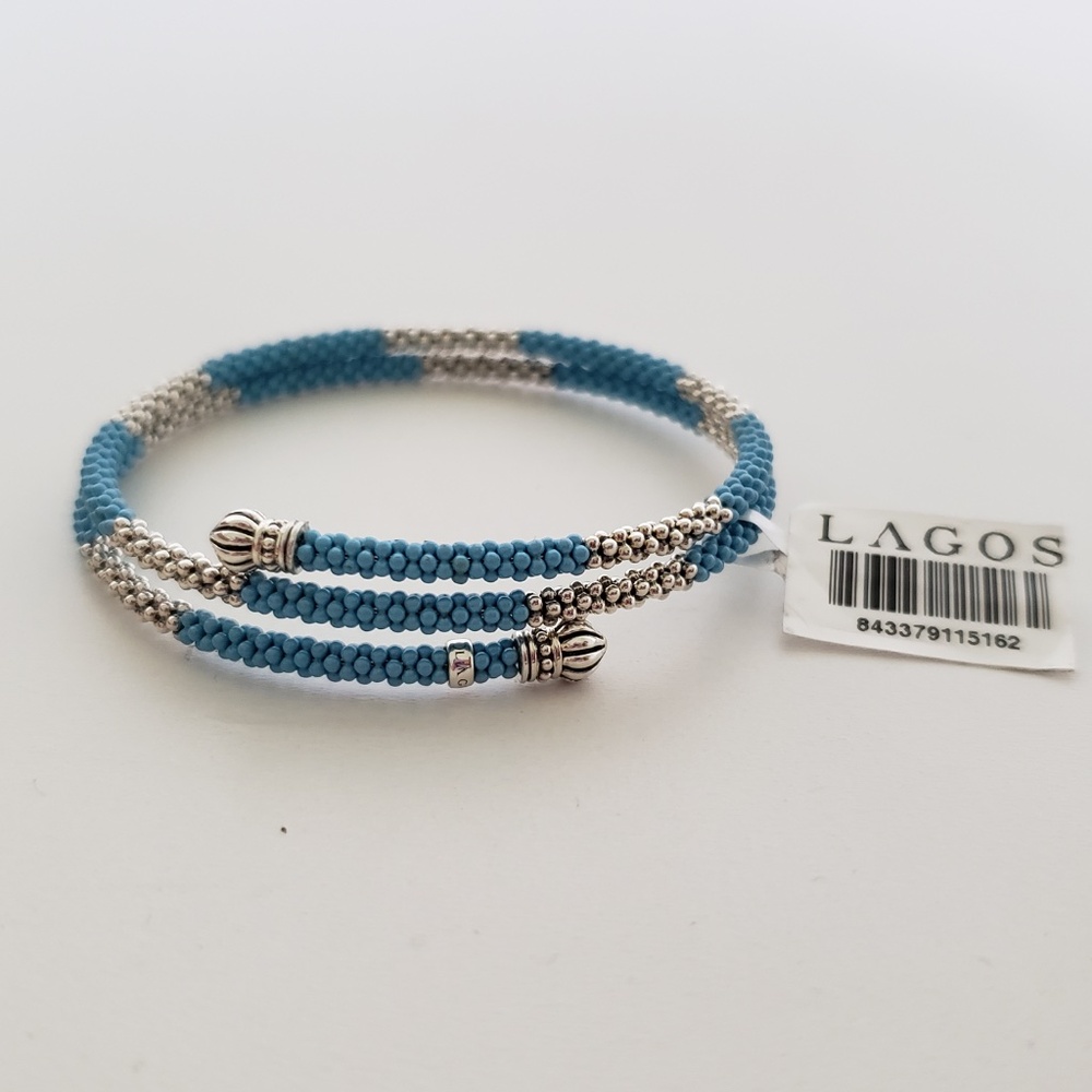 LAGOS Caviar Sterling Silver Blue Ceramic Beaded Coil Bracelet